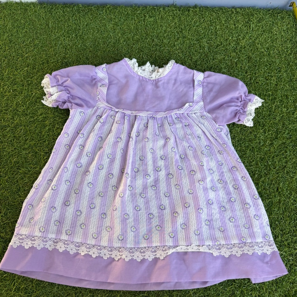 Vtg Girls Purple Floral Lace Trim Prairie Dress Size 4 Short Sleeve Boho Cottage